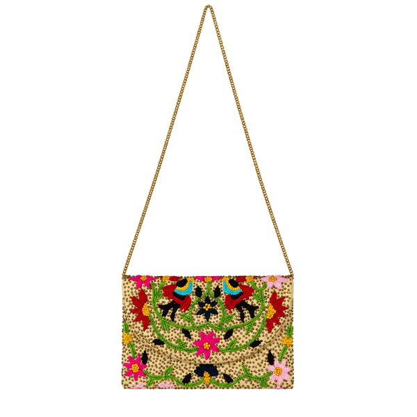 Beaded Floral Embroidered Chain Strap Clutch