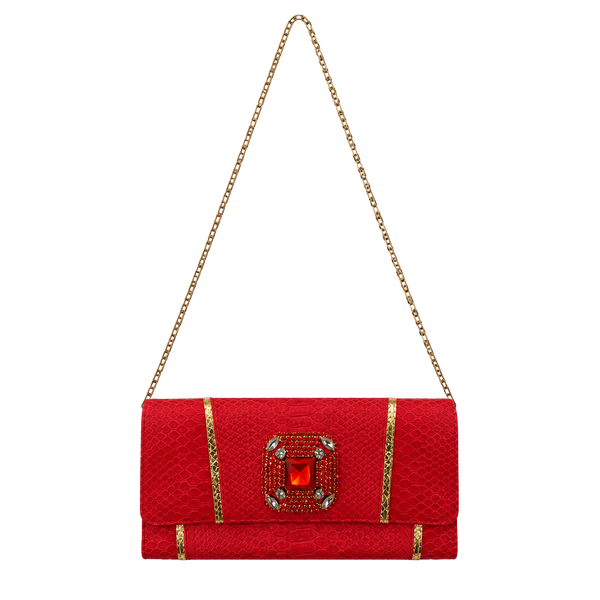 Carlos Falchi Red Snakeskin Crystal Clutch Bag