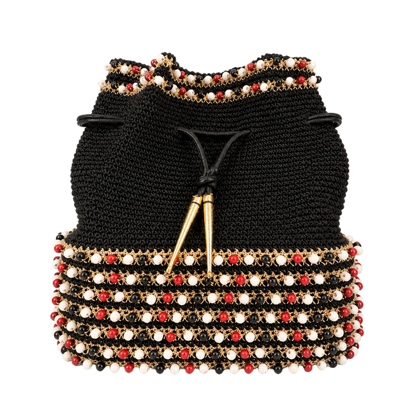 Vintage Beaded Crochet Drawstring Bucket Bag Black Gold