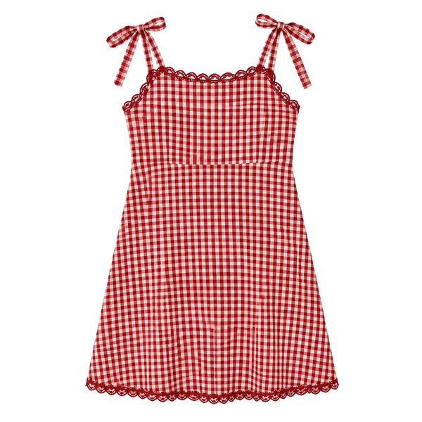American Eagle Gingham Tie Shoulder Dress Size L Red White Mini