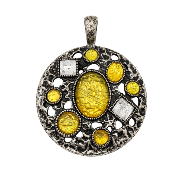 Lia Sophia Round Pendant Yellow Rhinestone Silver Tone