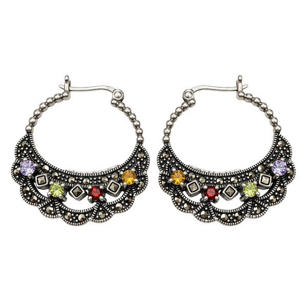 Sterling Silver 925 Multi Gemstone Marcasite Hoop Earrings 12g