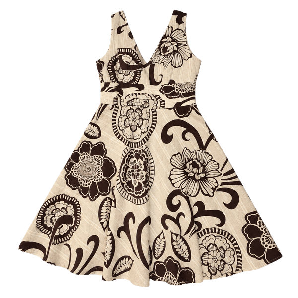 Vintage Y2K Robbie Bee Floral Fit and Flare Dress Size 10 Brown Cream Cotton