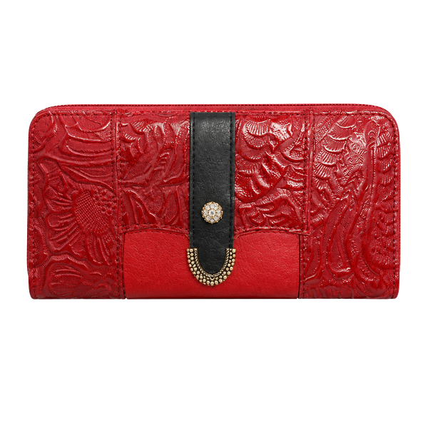 Western Tooled Leather Red Floral Long Clutch Wallet