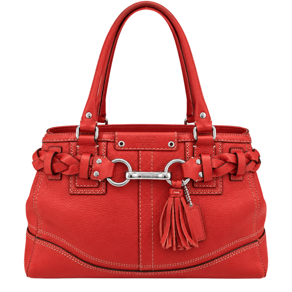 Coach Hamptons Coral Red Pebbled Leather Braided Shoulder Bag Handbag