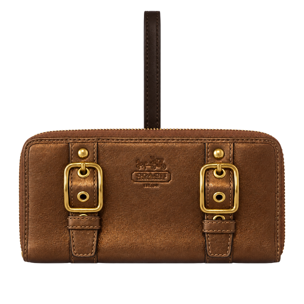Coach Camel Leather Zip Around Wallet with Gold Hardware and the embossed Coach 