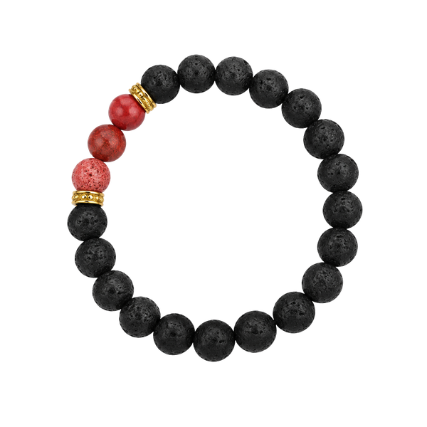 Black Lava Rock and Red Beaded Bracelet Black Red Gold