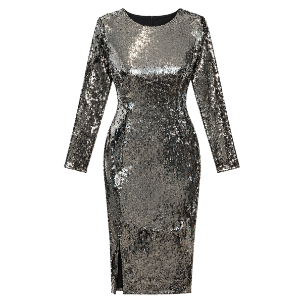 Dress The Population Maxi Dress Size XL Silver Black Sequin Long Sleeve