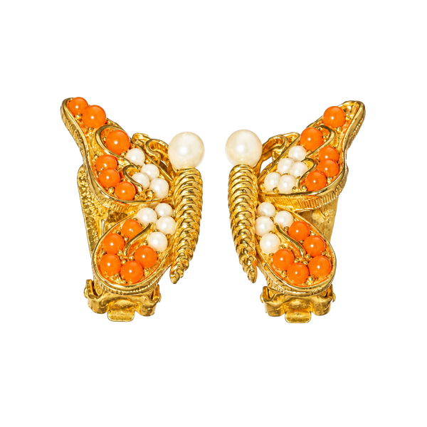 Marvella Gold Tone Faux Coral and Pearl Butterfly Clip Earrings