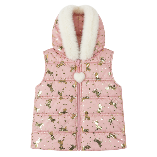 Whimsy Isaac Mizrahi Kids Pink Puffer Vest with Gold Foil Unicorns and Faux Fur Hood, 7/8