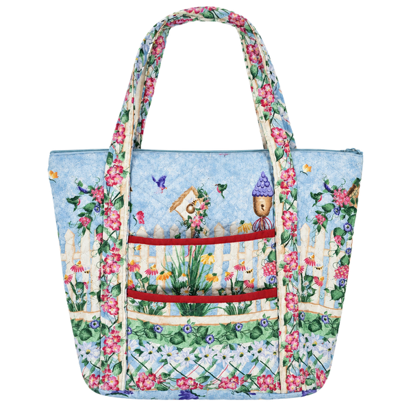 Andover Fabrics Quilted Floral Tote Bag Blue Garden Birdhouse