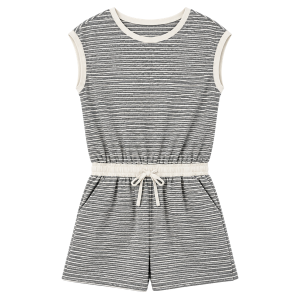 Dokotoo Striped Romper Size L Gray White Cap Sleeve Drawstring Waist Casual