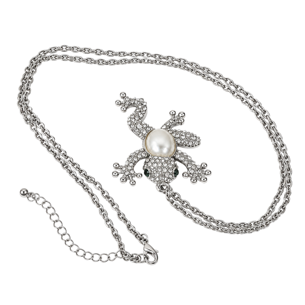 Silver Tone Rhinestone Frog Pendant Necklace with Faux Pearl Accent