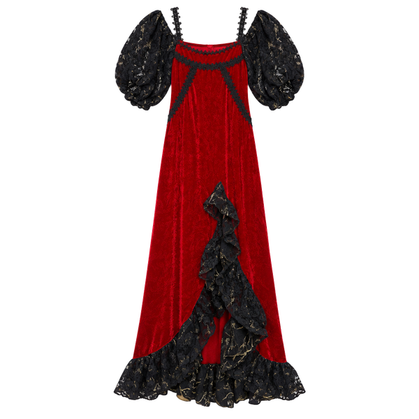 Punk Rave Red Velvet Gothic Maxi Dress Black Lace Trim