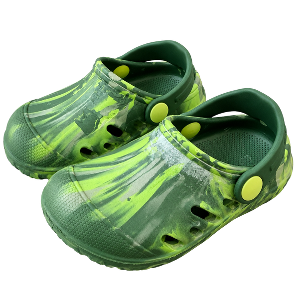 Green and Yellow Camo Pattern Kids Clogs Size 7