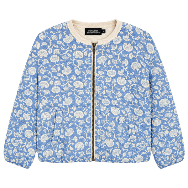 Monoprix Quilted Jacket Girls Size 5 Blue Floral Bomber