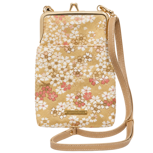 Tomorrow Fabric Crossbody Bag Gold Cherry Blossom Floral Kiss Lock Purse