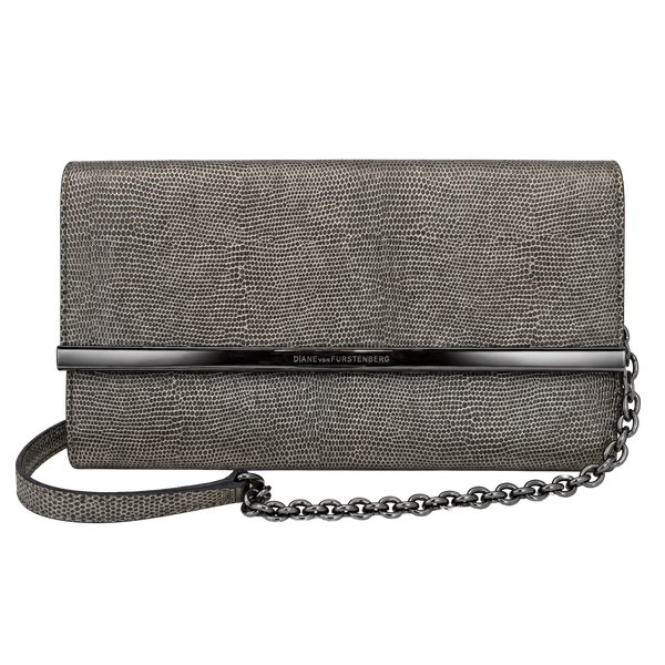 Diane Von Furstenberg Embossed Leather Clutch Silver Chain Strap