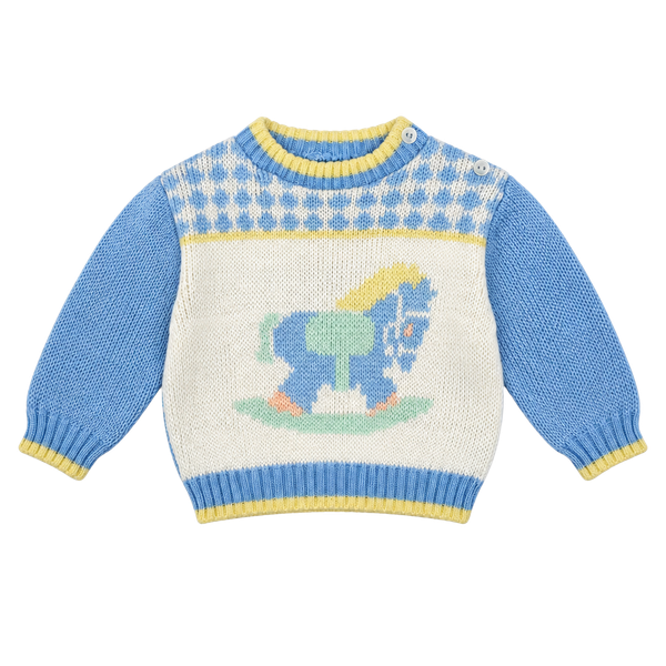Vintage Knit Baby Sweater, Size 0-6M, Rocking Horse Blue Yellow