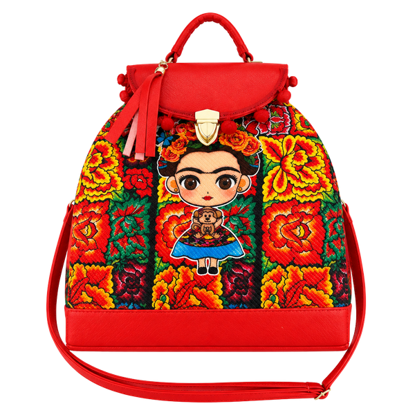 Handmade Frida Kahlo Backpack Red Floral Woven Mexican Bolsa