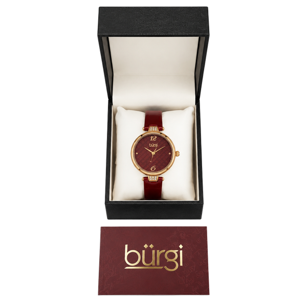 NIB Burgi Diamond Leather Strap Watch Burgundy Red Dial Gift Box
