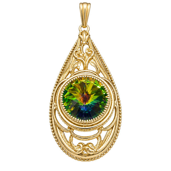 Vintage Whiting & Davis Watermelon Rivoli Teardrop Pendant Gold Tone