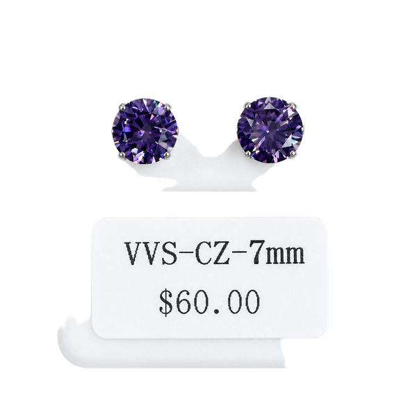 VVS CZ 7mm Round Purple Stud Earrings