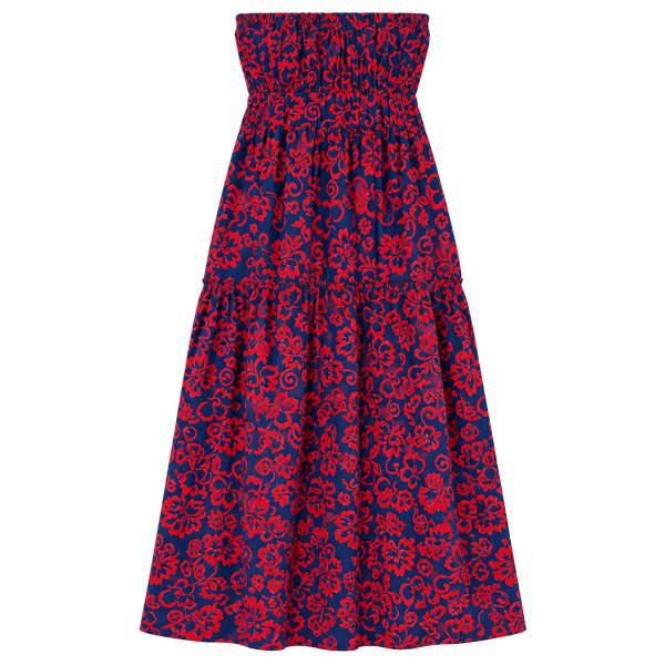 Sundry Strapless Maxi Dress Size 1 Red Blue Aloha Floral Smocked Tiered