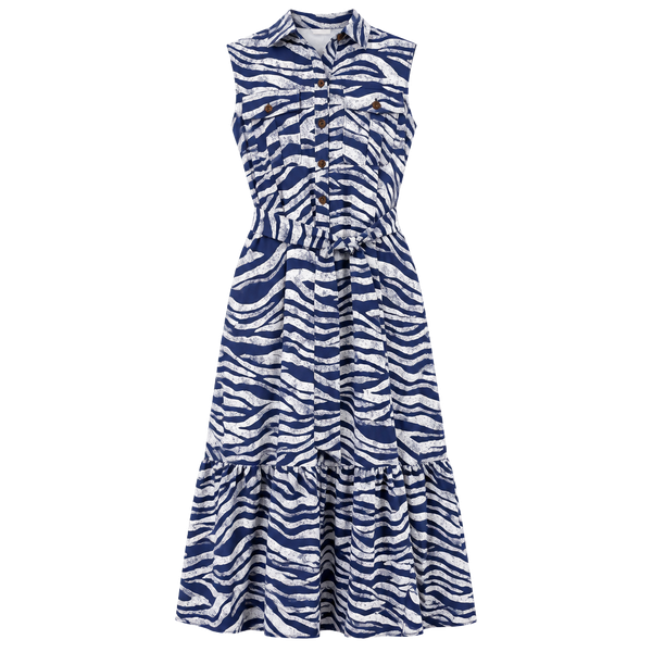 Chico's Zebra Print Shirtdress Size 0 4/6 Navy White Sleeveless Belted Midi
