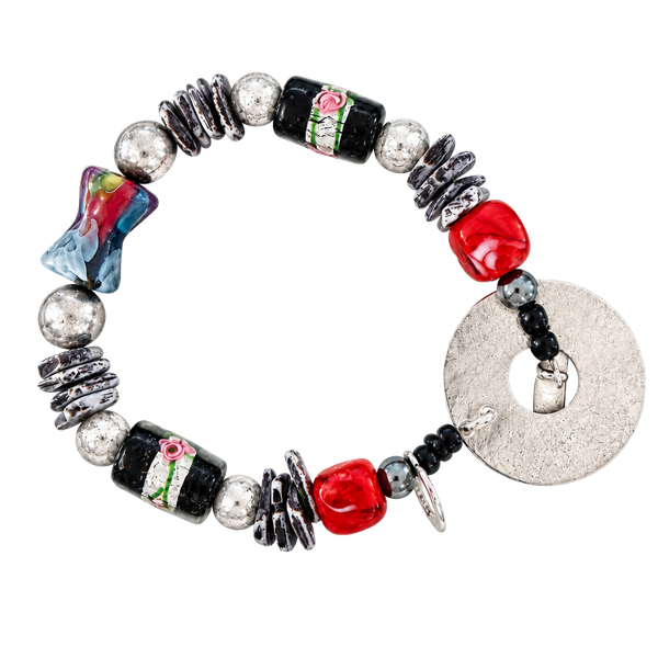 Artisan Lampwork Glass Beaded Toggle Bracelet Red Black