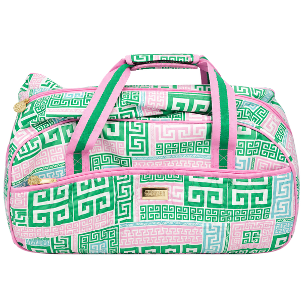 MacBeth Collection Rolling Duffle Bag Pink Green Greek Key Sz 24 x 12 