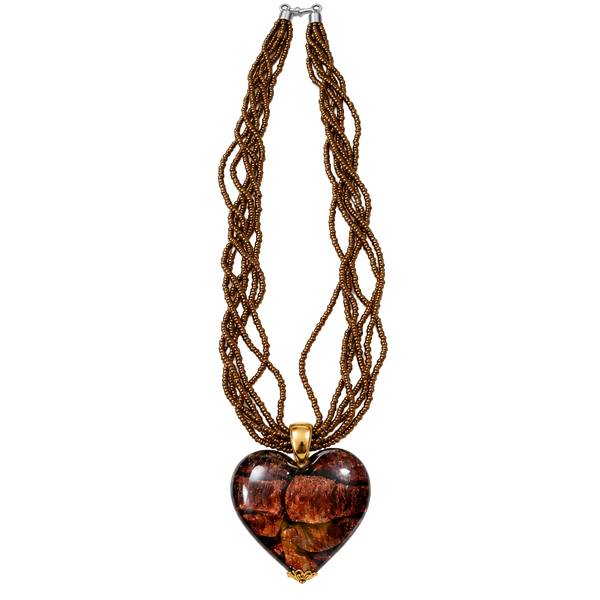 Art Glass Vintage  Heart Necklace Brown Multi Beaded Pendant 