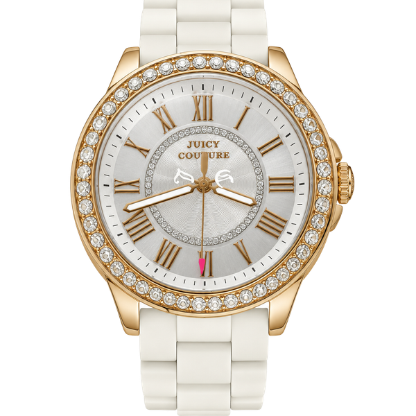 Juicy Couture Women Rhinestone Bezel Rose Gold White Silicone Strap Watch