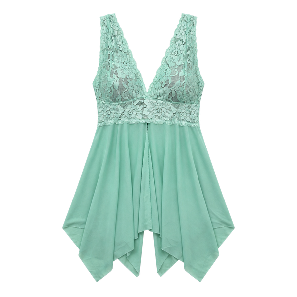 Sea Green Lace Trim Open Front Mesh Babydoll Chemise