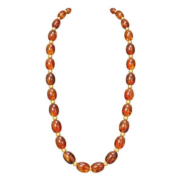 Vintage Faux Amber Beaded Long Necklace Brown Gold Tone Costume Jewelry