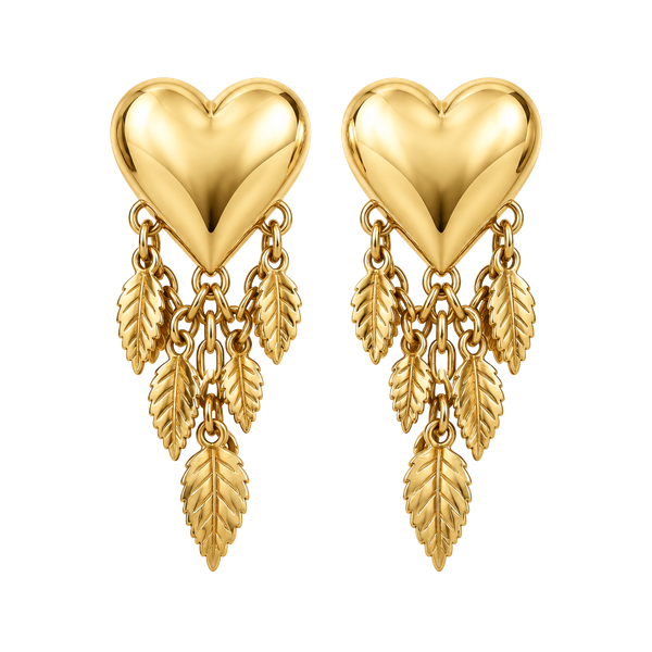 Vintage Gold Tone Double Heart Clip On Earrings Dangle Leaf Fringe