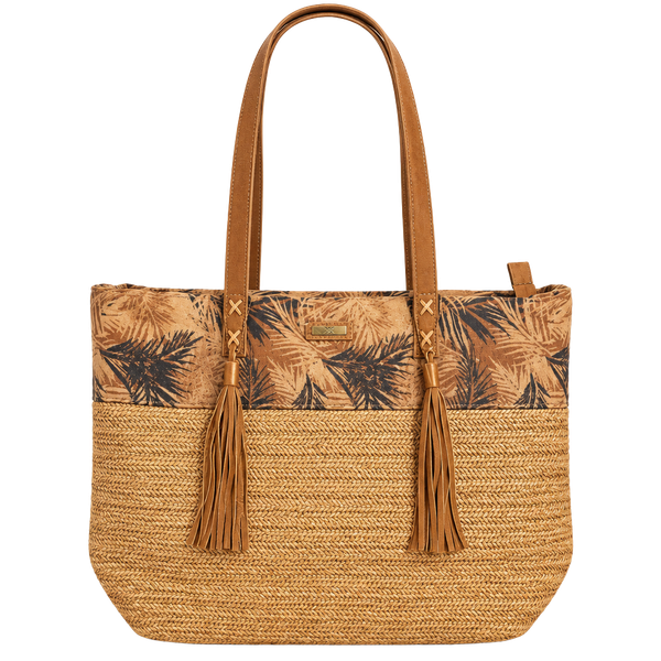 Sun 'N' Sand Woven Straw Tote Tan/Brown Tropical Floral Zip Tassel Lined