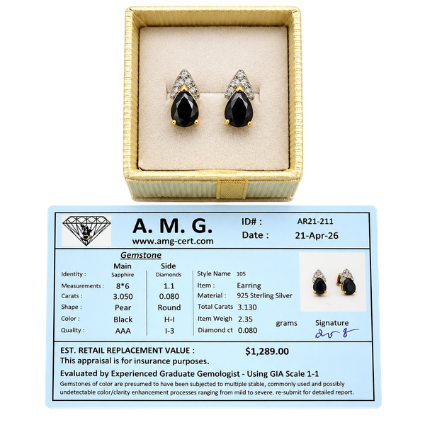 A. M. G. Sapphire Diamond Earrings Style 105 Sterling Silver Pear Black
