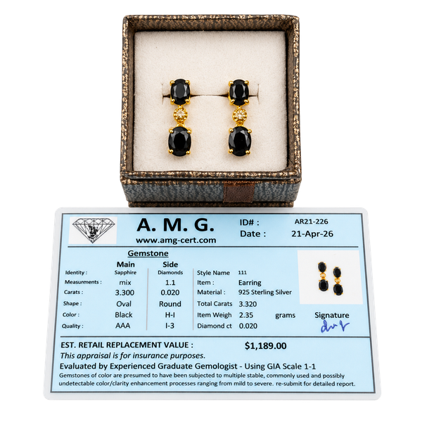 A.M.G. Black Sapphire and Diamond Earrings 925 Sterling Silver Style 111