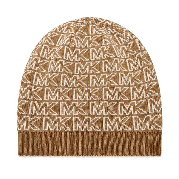 Michael Kors MK Logo Beanie Hat Brown Camel White Knit Winter