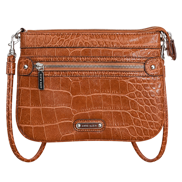 Anne Klein Faux Croc Crossbody Bag Cognac Brown