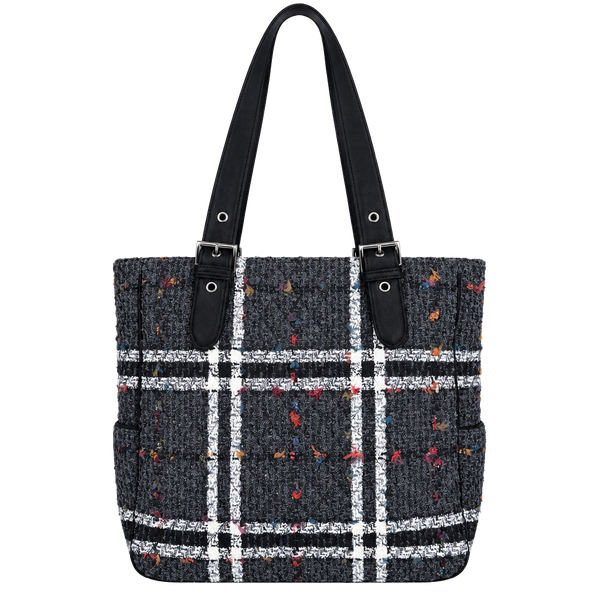 Vera Bradley Tweed Plaid Tote Bag Black White Suede Trim
