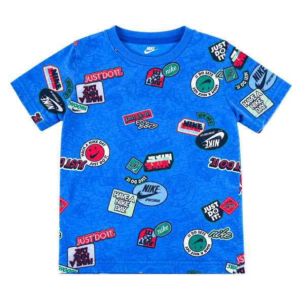 Nike Graphic T-Shirt Size 5-6 Yrs Blue Patches Short Sleeve