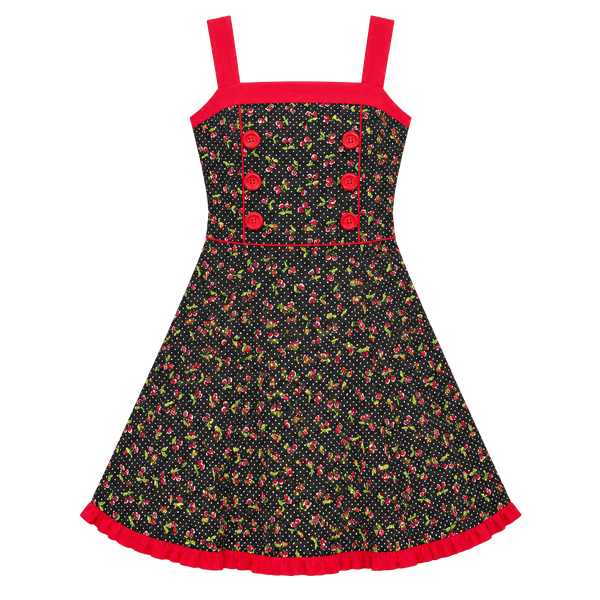 True Love Cherry Print Dress Size M Black Polka Dot Rockabilly