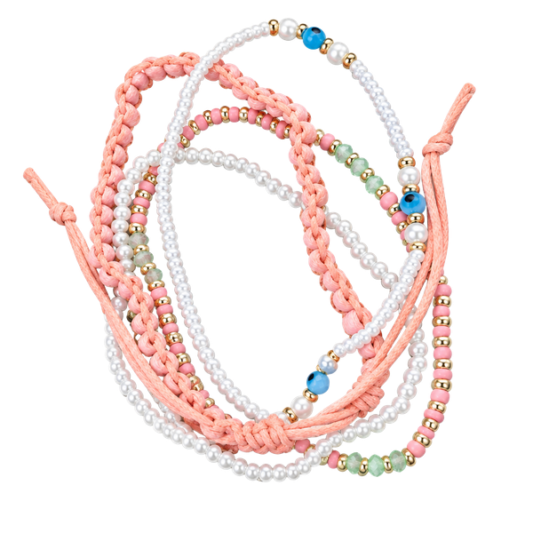 Peach & White Beaded Stretch Bracelet Set