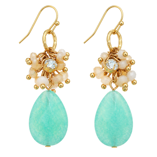 Beaded Cluster Teardrop Earrings- Mint & Beige