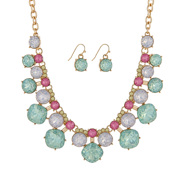 Pastel Rainbow Geometric Gem Statement Necklace Set