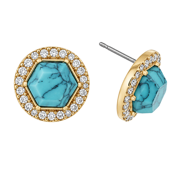 Gold Tone Hexagon & Rhinestone Halo Post Earrings- Turquoise