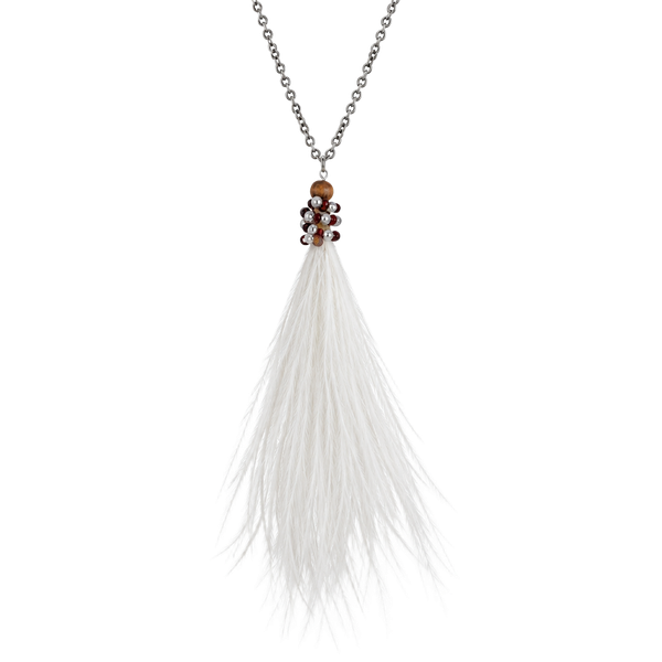 Beaded Feather Tassel Pendant Necklace- White