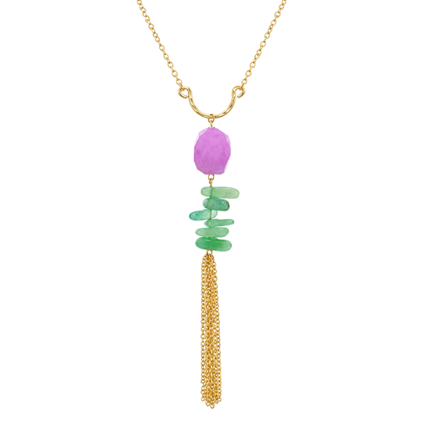 Gold Tone Stones & Chain Tassel Necklace- Purple & Green